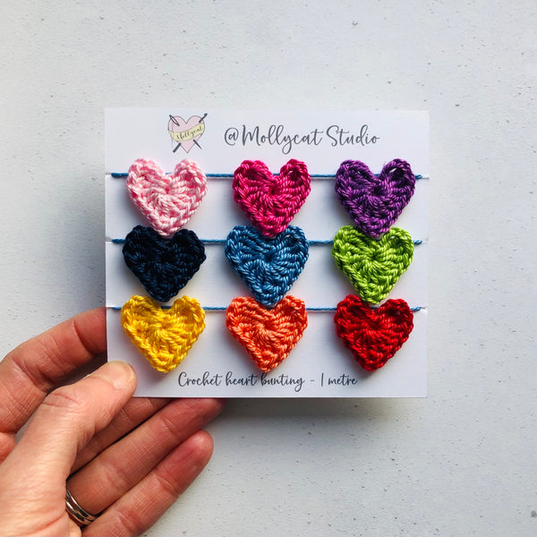 Rainbow mini crochet heart bunting, Made by Jules Cooke, Mollycat Studio - a small business based in Liverpool UK